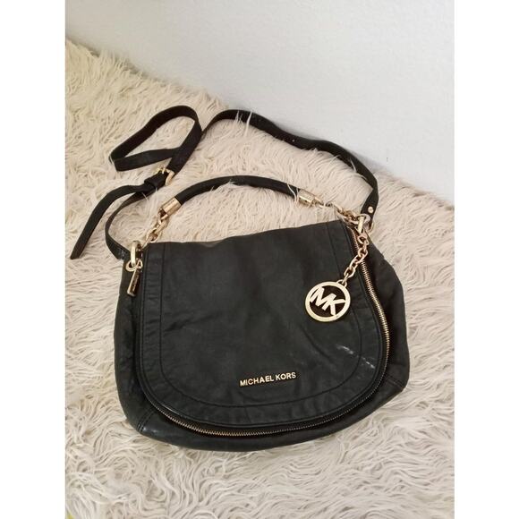 MICHAEL Michael Kors Handbags - MICHAEL KORS Black Leather Messenger Bag Gold Charm Medallion Zip Fold Pockets
